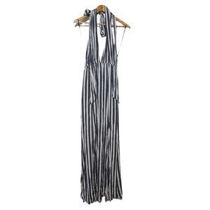 Aakaa Halter Striped Rayon Maxi Dress Lined Side Slit Beach Boho Size Medium M